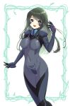  1girl :d blush border commission covered_navel eyebrows_visible_through_hair fortified_suit green_border green_hair head_tilt kamon_rider kazama_touko looking_to_the_side muvluv muvluv_alternative muvluv_alternative_(anime) open_mouth pilot_suit purple_eyes skeb_commission skin_tight smile solo white_background 
