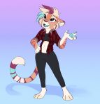  2022 anthro barefoot blue_background cheek_tuft clothed clothing digital_media_(artwork) facial_tuft feet felid female fully_clothed gradient_background hi_res mammal midriff open_mouth open_smile pantherine ribbontini shirt simple_background smile solo standing tiger topwear tuft 