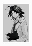  1boy a12740807 bangs black_hair closed_mouth collared_shirt danganronpa/zero danganronpa_(series) grey_background highres holding labcoat long_sleeves looking_at_viewer male_focus matsuda_yasuke necktie parted_bangs shiny shiny_hair shirt solo upper_body white_background 