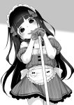  1girl apron arms_up bangs bare_shoulders blunt_bangs blush bow braid collarbone cowboy_shot dot_nose dress eyebrows_visible_through_hair gloves greyscale hair_bow head_tilt henreader highres kyou_kara_ore_wa_loli_no_himo! long_hair looking_at_viewer maid_headdress monochrome nijou_touka non-web_source off_shoulder open_mouth short_sleeves simple_background solo straight-on tareme very_long_hair waist_apron 