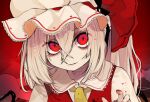  black_ribbon blonde_hair blood blood_on_hands blood_stain eyes_visible_through_hair fingers flandre_scarlet fua_yuu hat necktie ponytail red_background red_eyes red_ribbon red_vest ribbon smile stuffed_toy touhou vest wings 