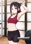  1girl armpits arms_up bangs barbell bare_shoulders black_hair black_shorts breasts cleavage closed_mouth collarbone commentary flat_chest hair_ribbon high-waist_shorts indoors inoshira kaguya-sama_wa_kokurasetai_~tensai-tachi_no_renai_zunousen~ legs_together looking_at_viewer navel nervous nervous_smile pantylines parted_bangs red_eyes red_ribbon red_sports_bra ribbon shinomiya_kaguya shorts sidelocks small_breasts smile solo sports_bra sportswear standing stomach stretch striped striped_shorts sweat sweaty_clothes thighs twitter_username vertical-striped_shorts vertical_stripes wet wet_clothes 