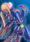  1girl absurdres artist_name ass blonde_hair breasts closed_eyes commission dorushi head_back highres light_particles metroid ponytail samus_aran solo transformation varia_suit zero_suit 
