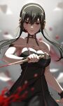  1girl as4gi bare_shoulders black_dress black_hair blood blood_on_weapon breasts cleavage collarbone cowboy_shot dagger dress earrings gold gold_earrings highres holding holding_dagger holding_weapon jewelry knife large_breasts long_hair red_eyes solo spy_x_family twintails two-sided_dress weapon yor_briar 