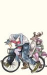  2boys 2girls absurdres antlers beastars bicycle bicycle_basket black_footwear blue_pants box clenched_teeth deer_boy dress furry furry_female furry_male green_dress ground_vehicle haru_(beastars) height_difference highres holding hood hood_down hoodie juno_(beastars) leaning_back leaning_forward leaning_on_person leaning_to_the_side legoshi long_sleeves louis_(beastars) miizzeee multiple_boys multiple_girls multiple_riders outstretched_arm own_hands_together pants pink_pants pointing profile rabbit_girl red_footwear red_hoodie shirt shoes sidesaddle simple_background sitting sleeves_rolled_up smile sneakers socks sweat teeth walking white_shirt wolf_boy 