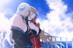  2girls amazuki_jou azur_lane bangs black_choker black_jacket blue_sky breasts brown_hair choker closed_eyes cloud cloudy_sky commentary day earrings feather_hair_ornament feathers gloves hair_ornament halterneck highres horizon jacket jean_bart_(azur_lane) jewelry laughing long_hair long_sleeves massachusetts_(azur_lane) medium_breasts multiple_girls ocean off_shoulder open_mouth outdoors railing red_gloves red_jacket sky smile standing sunlight white_hair wind 
