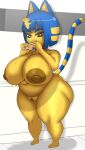  absurd_res animal_crossing ankha_(animal_crossing) anthro areola belly big_breasts blue_hair bodily_fluids breasts brown_eyes collar cookie domestic_cat felid feline felis female fladdykin food genitals hair hi_res holding_cookie holding_food holding_object huge_breasts huge_thighs looking_at_viewer mammal markings navel nintendo nipples nude pussy slightly_chubby solo striped_markings striped_tail stripes sweat sweaty_breasts tail_markings thick_thighs video_games wide_hips yellow_body yellow_nipples 
