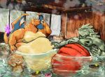 2022 anthro aokamidu bath belly beverage big_belly charizard drinking duo fan_character hand_on_stomach male male/male moobs morbidly_obese morbidly_obese_anthro morbidly_obese_male nintendo nude obese obese_anthro obese_male overweight overweight_anthro overweight_male pok&eacute;mon pok&eacute;mon_(species) sitting tremors_(darktalbain64) tyranitar video_games water 