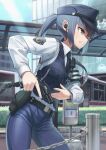  1girl armband bangs black_necktie blue_hair blue_headwear clenched_teeth commentary_request day from_side grey_eyes gun handgun hat highres holding holding_gun holding_weapon holster long_hair long_sleeves necktie original outdoors pants police police_hat police_uniform policewoman ponytail profile samaru_(seiga) shirt sidelocks sky solo sweat teeth uniform vest watch weapon weapon_request white_shirt wristwatch 