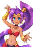  2019 5_fingers blue_eyes breasts brown_body brown_skin clothing ear_piercing ear_ring female fingers genie hair hi_res humanoid humanoid_pointy_ears long_hair navel not_furry open_mouth open_smile piercing ponytail purple_hair shantae shantae_(series) simple_background smile solo video_games wata-ridley wayforward white_background 