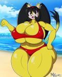  2021 5_fingers anthro beach big_breasts big_butt bikini black_hair breasts brown_eyes butt clothing cloud day domestic_cat felid feline felis female fingers hair honey_the_cat huge_breasts looking_at_viewer mammal mrxrickyx outside seaside sega solo sonic_the_fighters sonic_the_hedgehog_(series) swimwear thick_thighs water yellow_body 