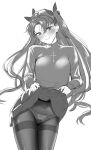  1girl blush breasts clothes_lift fate/stay_night fate_(series) greyscale highres lifted_by_self long_hair looking_at_viewer monochrome panties panties_under_pantyhose pantyhose ryudraw simple_background sketch skirt skirt_lift smile solo thighband_pantyhose tohsaka_rin two_side_up underwear white_background 