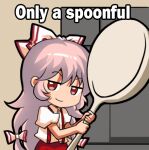  1girl bow closed_mouth collared_shirt comically_large_spoon_(meme) english_text eyebrows_visible_through_hair fujiwara_no_mokou hair_between_eyes hair_bow holding holding_spoon jokanhiyou long_hair lowres meme oversized_object pants puffy_short_sleeves puffy_sleeves red_eyes red_pants shirt short_sleeves smile solo spoon suspenders touhou white_bow white_hair white_shirt 