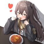  1girl 404_logo_(girls&#039;_frontline) :d armband black_jacket blush brown_hair food fork girls&#039;_frontline heart highres jacket long_hair nanahosi45 one_side_up pasta plate scar scar_across_eye shirt simple_background smile solo spaghetti table ump45_(girls&#039;_frontline) white_shirt yellow_eyes 