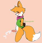  anthro balls bodily_fluids bottomless canid canine clothed clothing cum erection fox fur genital_fluids genitals humanoid_genitalia justtaylor male mammal orange_body orange_fur ruin_seeker shy simple_background solo solo_focus tongue tongue_out tunic 
