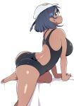  1girl aether_foundation_employee ass black_eyes black_hair black_swimsuit breasts dark-skinned_female dark_skin hat large_breasts looking_at_viewer one-piece_swimsuit pokemon pokemon_(game) pokemon_sm revision short_hair simple_background solo swimsuit tottotonero white_background white_headwear 