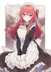  1girl apron blurry blurry_background blush braid closed_mouth dress frilled_apron frilled_dress frilled_skirt frills highres ikeuchi_tanuma long_hair looking_at_viewer maid maid_apron maid_headdress original purple_eyes red_hair skirt 