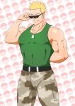  1boy abs bara biceps blonde_hair blue_eyes camouflage camouflage_pants hand_on_back hand_on_eyewear jewelry large_pectorals leather leather_belt looking_at_viewer male_focus manly mature_male mikura0317 necklace pants pectorals poke_ball pokemon pokemon_(game) solo spiked_hair sunglasses surge_(pokemon) tank_top teeth thick_arms thick_thighs thighs tight 