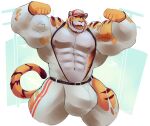  abs absurd_res anthro asherfuu baseball_cap baseball_uniform belt big_muscles clothing felid feline flexing hat headgear headwear hi_res huge_muscles humanoid male mammal muscular muscular_male navel nipples open_mouth pantherine solo sportswear teeth tiger tongue torn_clothing uniform vein 