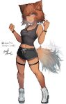  absurd_res anthro blue_eyes blush brown_body brown_fur clothing female fluffy fluffy_tail footwear fur gym_clothing hi_res japanese_kobold legband looking_at_viewer monster_girl_(genre) monster_musume navel open_mouth polt_(monster_musume) ring shoes solo tabhead thighband wristband 