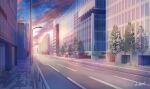  absurdres blue_sky building city cityscape cloud commentary_request fence hakuurei_amano highres lamppost no_humans original outdoors road scenery shadow sky street sunrise tree watermark 
