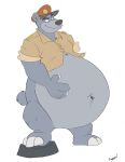  2022 anthro baloo belly belly_tuft big_belly bottomless bottomless_anthro bottomless_male canson claws clothed clothing disney dress_shirt hand_on_stomach hat headgear headwear hi_res looking_down male mammal overweight overweight_anthro overweight_male shirt short_tail smile solo standing talespin toe_claws topwear tuft ursid 