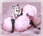  2022 anthro big_breasts big_tail blokfort breasts brush canid canine female fox fur hair long_hair mammal nude pink_body pink_fur sitting smile solo white_hair 