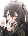  1girl 404_logo_(girls&#039;_frontline) armband black_jacket blush brown_hair eyebrows_visible_through_hair girls&#039;_frontline hair_between_eyes highres jacket long_hair looking_at_viewer nanahosi45 one_side_up open_clothes open_jacket scar scar_across_eye shirt simple_background smile solo ump45_(girls&#039;_frontline) v_over_mouth white_background yellow_shirt 