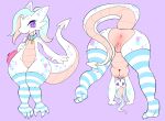 absurd_res anthro anus ass_up bent_over breasts butt claws clothing collar female footwear genitals hair hi_res horn kobold legwear looking_at_viewer nude open_mouth presenting presenting_hindquarters pukemilked pussy reptile scalie semi-anthro socks solo stockings thick_thighs thigh_highs thigh_socks 
