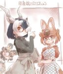  3girls african_wild_dog_(kemono_friends) african_wild_dog_print animal_ears antelope_ears antelope_horns black_hair black_sweater blackbuck_(kemono_friends) blue_bow blue_bowtie blush bow bowtie brown_hair commentary_request cutoff_jeans cutoffs dhole_(kemono_friends) dog_ears dog_girl dog_tail dress earrings extra_ears eyebrows_visible_through_hair glasses gloves green_eyes green_skirt high-waist_skirt jewelry kemono_friends kemono_friends_3 light_brown_hair long_sleeves multicolored_hair multiple_girls nyororiso_(muyaa) official_alternate_costume pantyhose polka_dot polka_dot_dress print_gloves print_legwear puffy_short_sleeves puffy_sleeves red_eyes short_hair short_shorts short_sleeves shorts skirt sweater sweater_around_neck tail translation_request turtleneck turtleneck_sweater two-tone_hair white_hair 