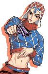  1boy abs argyle argyle_sweater black_eyes crop_top guido_mista gun hat highres jojo_no_kimyou_na_bouken midriff ranch_jjba revolver solo sweater turtleneck vento_aureo weapon 