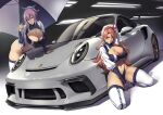  2girls absurdres akame_ga_kill! blue_eyes blue_ribbon boots breasts car chelsea_(akame_ga_kill!) cleavage commission english_commentary ground_vehicle hair_ribbon highres long_hair motor_vehicle multiple_girls original packge parasol pink_hair porsche porsche_911 race_queen red_eyes red_hair ribbon smile spoiler_(automobile) thigh_boots thighhighs thighs umbrella white_footwear white_legwear 