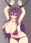  1girl absurdres armpit_crease arms_up bangs bra breasts brick_wall chain cleavage crossed_bangs cuffs hair_between_eyes highres huge_breasts ichiryuu_tsumiki indoors long_hair murasaki_(senran_kagura) open_mouth panties polka_dot polka_dot_bra polka_dot_panties purple_eyes purple_hair restrained saliva saliva_trail senran_kagura shackles solo sweat underwear very_long_hair 