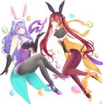  2girls animal_ears bangs bare_shoulders black_gloves breasts camilla_(fire_emblem) camilla_(spring)_(fire_emblem) cleavage easter_egg egg fake_animal_ears fire_emblem fire_emblem_awakening fire_emblem_fates fire_emblem_heroes full_body gloves hair_between_eyes hair_over_one_eye highres kiro125 leotard long_hair looking_at_viewer multiple_girls pantyhose purple_eyes purple_hair rabbit_ears rabbit_tail red_eyes red_hair severa_(fire_emblem) strapless strapless_leotard tail twintails very_long_hair white_background white_gloves 