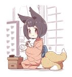  1girl :i animal_ears bangs barefoot black_hair blush bowl brown_eyes brown_kimono chopsticks closed_mouth eating eyebrows_visible_through_hair fish fox_ears fox_girl fox_tail holding holding_bowl holding_chopsticks japanese_clothes kimono kukuri_(mawaru) long_sleeves looking_at_viewer mawaru_(mawaru) original rice rice_bowl seiza short_hair sitting solo tail wavy_mouth wide_sleeves 