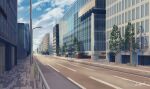  absurdres blue_sky building city cityscape cloud commentary_request day fence hakuurei_amano highres lamppost no_humans original outdoors road scenery shadow sky street tree watermark 
