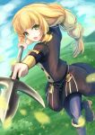 1girl blonde_hair blue_legwear blue_sky braid braided_ponytail buttons cloud commentary_request day eyebrows_visible_through_hair fire_emblem fire_emblem:_three_houses garreg_mach_monastery_uniform grass green_eyes highres holding holding_polearm holding_weapon ingrid_brandl_galatea leaf long_hair long_sleeves looking_at_viewer open_mouth ouna_harukaze outdoors pantyhose polearm single_braid sky solo spear uniform very_long_hair weapon 