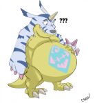  2022 3_toes animal_skin anthro bandai_namco belly belly_markings big_belly canson claws digimon digimon_(species) fangs feet gabumon hand_on_stomach hi_res horn looking_down male markings obese obese_anthro obese_male overweight overweight_anthro overweight_male question_mark scalie solo standing toe_claws toes wide_eyed yellow_body 