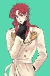  1boy alternate_universe black_gloves diamond_wa_kudakenai gloves highres jojo_no_kimyou_na_bouken kakyoin_noriaki long_coat male_focus older purple_eyes ranch_jjba red_hair scar scar_across_eye smile solo turtleneck 