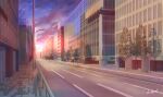  absurdres building city cityscape cloud commentary_request fence hakuurei_amano highres lamppost no_humans original outdoors purple_sky road scenery shadow sky street sunset tree watermark 