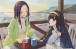  2girls argyle argyle_sweater beach black_hair blurry blush bokeh breath cardigan closed_eyes cold cup depth_of_field forehead green_cardigan holding_shawl hot_chocolate idolmaster idolmaster_cinderella_girls kaiso_(kaisooekaki) long_hair looking_at_another milk mug multiple_girls on_chair outdoors plaid_shawl sagisawa_fumika sena_shiori_(idolmaster) shiny sitting steam straight_hair sunlight sweater 