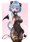  1girl absurdres ahoge bangs black_gloves black_legwear black_leotard blue_hair blush bodystocking bodysuit breasts cameltoe covered_navel covered_nipples covering_mouth demon_tail demon_wings eyebrows_visible_through_hair ganyu_(genshin_impact) genshin_impact gloves groin hand_on_hip highres horns leotard leotard_under_clothes long_hair looking_away medium_breasts peagunz purple_eyes sidelocks solo standing tail thighlet wings 
