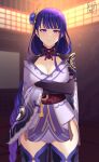  1girl braid braided_ponytail breasts cleavage crossed_arms genshin_impact hair_ornament highres japanese_clothes kimono large_breasts long_hair looking_at_viewer mole mole_under_eye purple_eyes purple_hair purple_kimono raiden_shogun rinko_riban standing thighs 