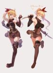  2girls absurdres ahoge arito_arayuru artist_progress belt blonde_hair blue_eyes boots bow brown_gloves brown_skirt dagger dual_wielding elbow_gloves fingerless_gloves full_body gloves hair_bow hair_ornament hairclip hands_up highres holding holding_dagger holding_weapon knife long_hair multiple_girls one_eye_closed original ponytail pouch rayuru_(arito_arayuru) red_bow shirt simple_background skirt sleeveless sleeveless_shirt thigh_boots thighhighs thighs translated walking weapon white_background 