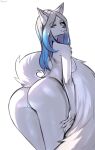  absurd_res anthro areola big_tail blue_areola blue_eyes blue_hair blue_nipples blue_pussy blue_tongue breasts butt canid canine digital_media_(artwork) eyelashes female fluffy fluffy_tail fur genitals gradient_hair hair hi_res jazzmine_nevermore looking_at_viewer looking_back looking_back_at_viewer mammal multicolored_hair nipples nude pussy rear_view shaded simple_background solo standing tongue tongue_out two_tone_hair white_background white_body white_fur white_hair zetsuboucchi 