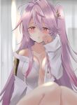  ahoge alternate_costume azur_lane blurry blurry_foreground blush breasts curtains grenville_(azur_lane) hair_between_eyes hair_ornament highres jacket long_hair looking_at_viewer medium_breasts open_clothes open_mouth purple_hair red_eyes tonchinkan waking_up 