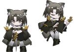  1girl animal_ear_fluff animal_ears arknights bangs bare_shoulders black_choker black_dress black_footwear black_hair boots brown_eyes cat_ears chibi choker commentary dress full_body hair_between_eyes hair_ornament holding long_sleeves looking_at_viewer mandragora_(arknights) multiple_views nopetroto off-shoulder_dress off_shoulder one_eye_closed short_hair simple_background standing thighhighs white_background white_legwear wide_sleeves 