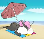  absurd_res anthro breasts drakkmac eyewear featureless_breasts female glasses hair hi_res horn hybrid hyu_(drakkmac) multicolored_body nude_beach pink_hair sleeping solo solo_focus two_tone_body umbrella 