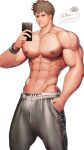  1boy abs angry bara biceps brown_hair bulge cellphone hand_in_pocket highres jewelry large_pectorals male_focus male_underwear male_underwear_peek manly mature_male meishou_(cantabile1222) messy_hair muscular muscular_male navel necklace nipples original pants pectorals phone red_eyes solo speech_bubble spiked_hair thick_arms topless topless_male track_pants underwear veins white_background wristband 