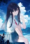  1girl aroa_(aroamoyasi) bangs bird black_hair blue_eyes bottle cloud cloudy_sky collared_shirt highres knee_to_chest long_hair necktie original outdoors pleated_skirt red_necktie school_uniform shirt sitting skirt sky solo uniform white_shirt 